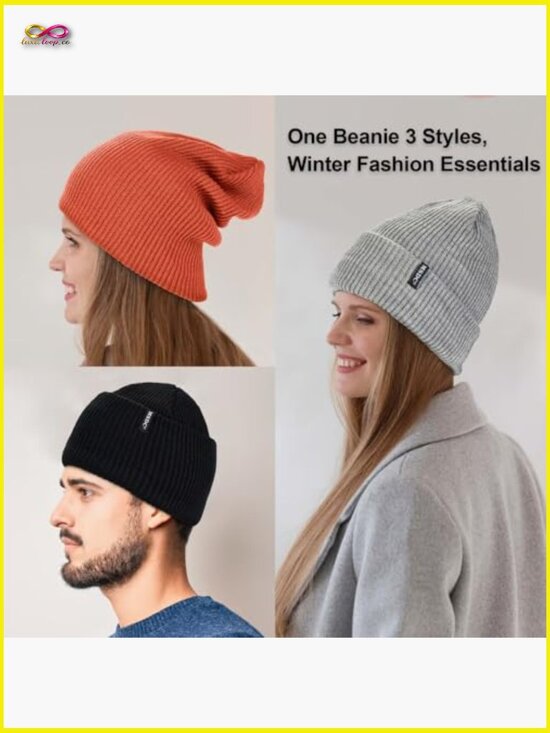 3-Pack Fleece Lined Knit Beanies Unisex Stretchy Winter  display picture 3